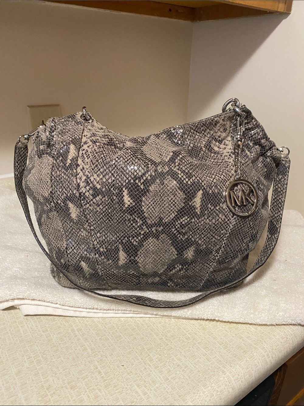 Michael Kors Snake-Print Shoulder Bag in Grey and Black